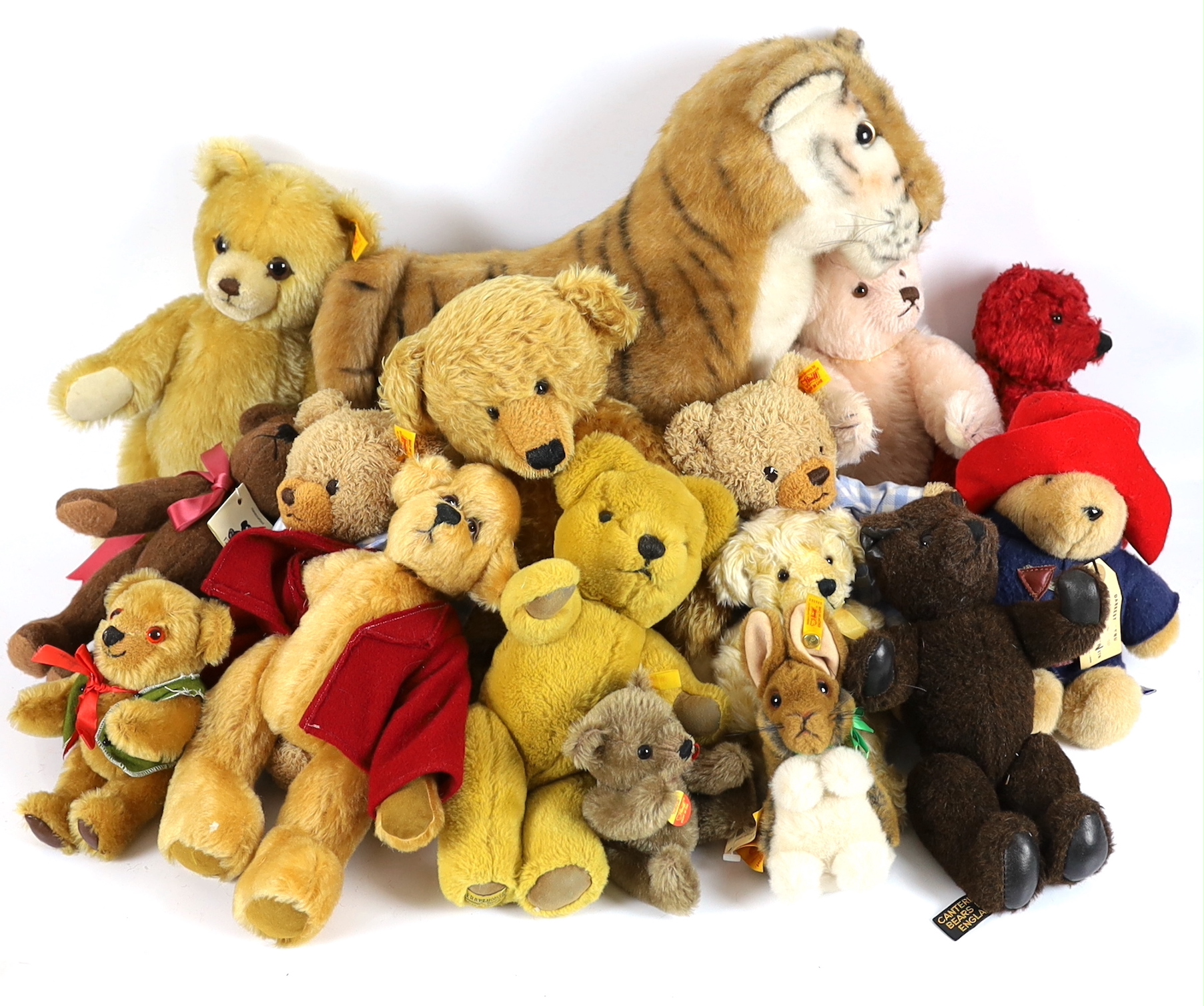 Two modern Collector's bears and a large Merrythought tiger, a Danbury Mint Steiff bear and two other modern Steiff bears (15)